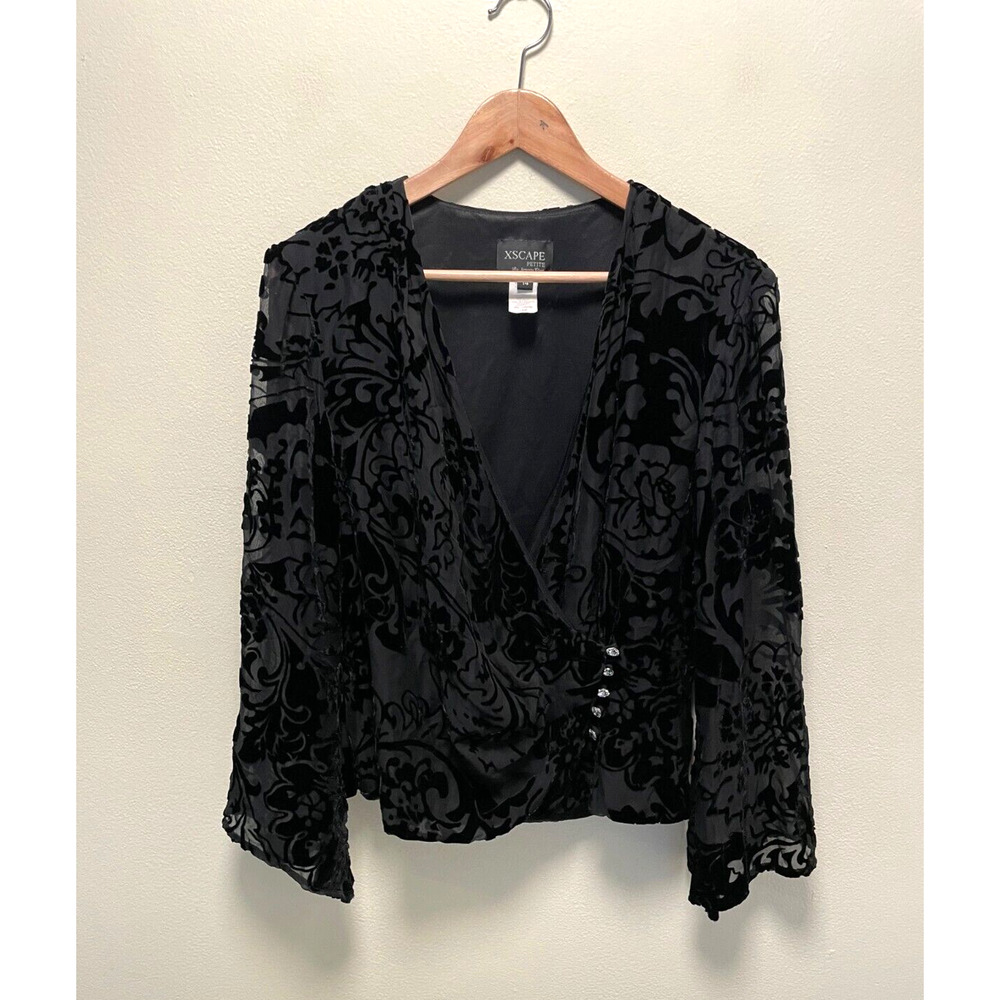 Vintage Xscape Womens Top 14 Petite Black Floral Velvet Silk Blend Whimsigoth